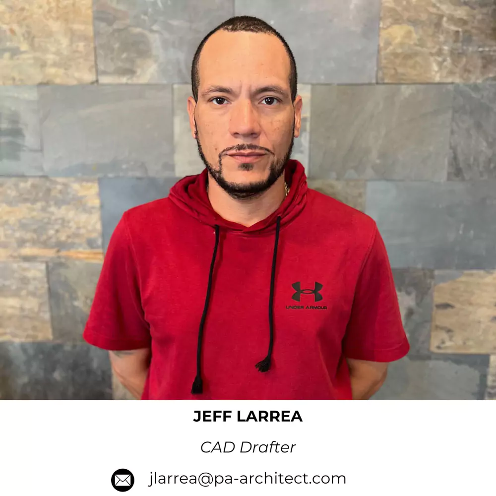A professional portrait of Jeff Larrea, CAD drafter at P A Architect.